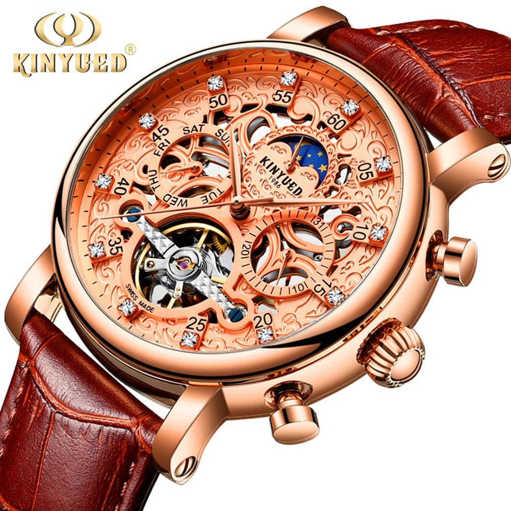 

KINYUED Skeleton Automatic Watch Men Sun Moon Phase Waterproof Mens Tourbillon Mechanical Watches Top Brand Luxury Wristwatches