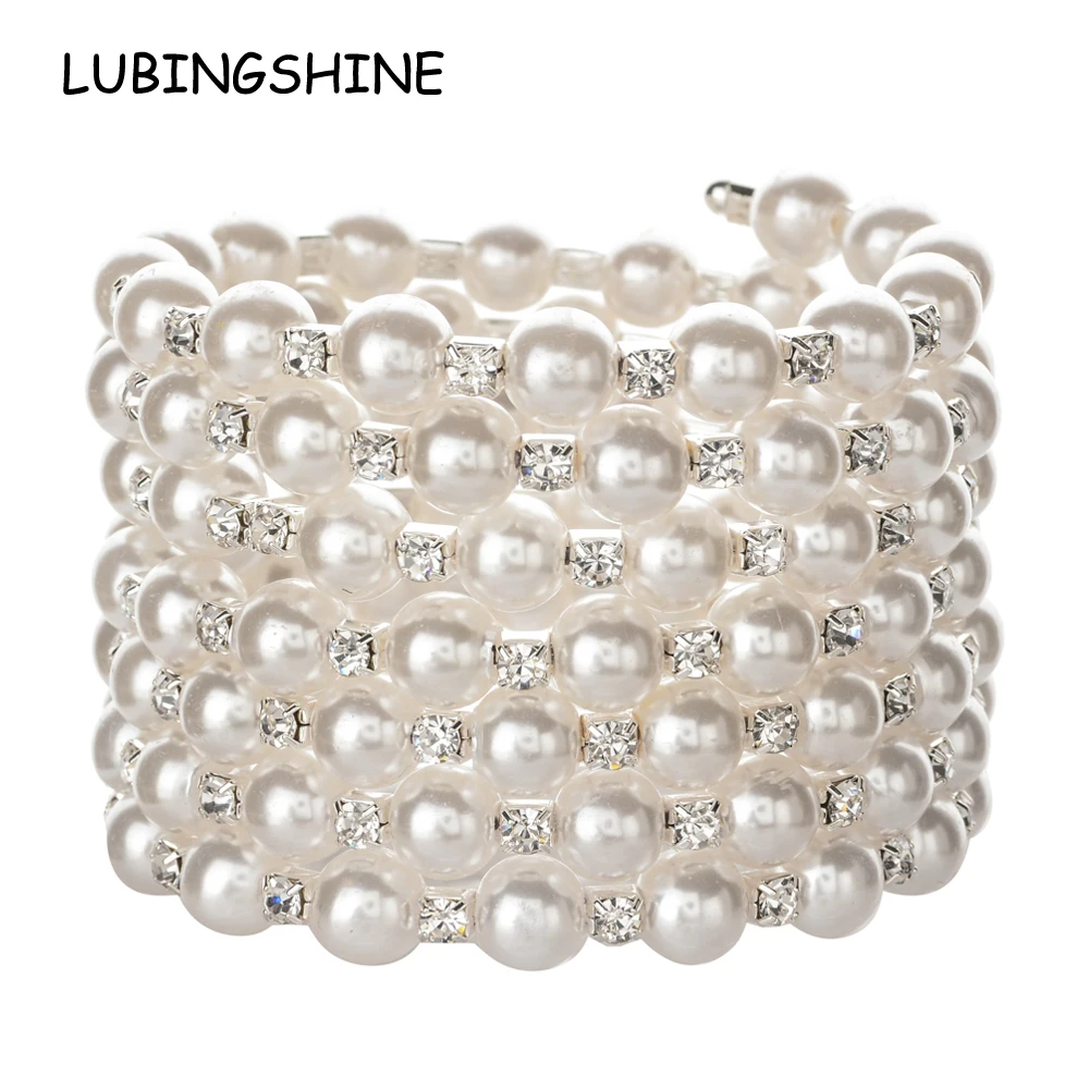 

LUBINGSHINE Wide Statement Bead Bracelets&Bangles for Women Rhinestones Pearl Adjustable Wristband Cuff Pulseras Luxury Jewelry