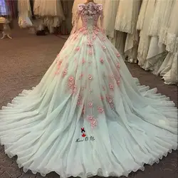 Роскошное Бальное Платье Vestidos de Noiva, свадебные платья, кружевное свадебное платье с длинными рукавами, розовое платье с объемными цветами