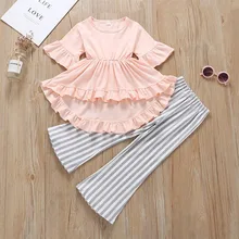 Комплект одежды для девочек с коротким рукавом Асимметричная футболка с оборками для малышей Комплект со штанами в полоску Modis, детская одежда roupa infantil