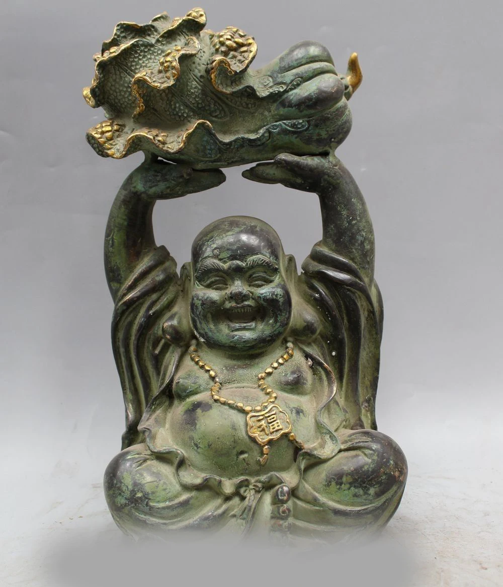 

12" Chinese Bronze Gild Happy Laugh Maitreya Buddha raise cabbage Money Statue