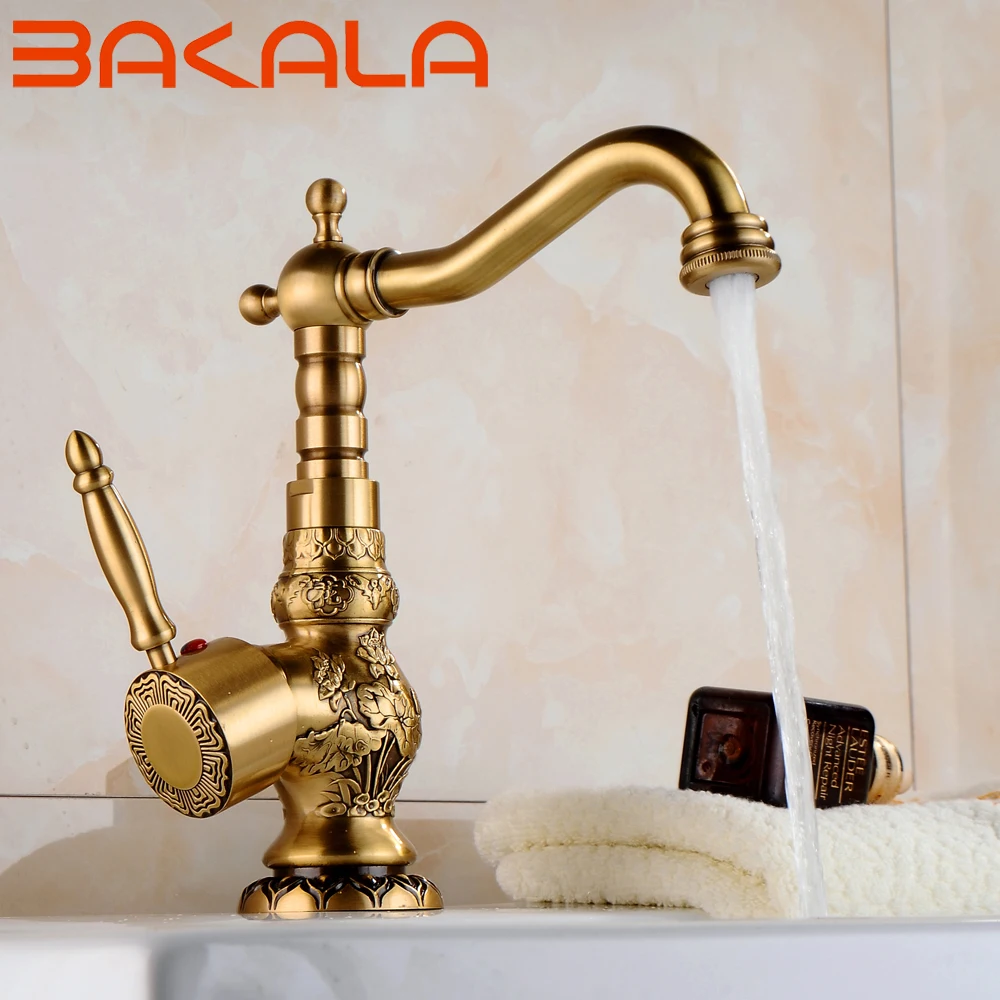 

Basin Faucets Deck Mounted Single Handle Bathroom Basin Mixer Tap Antique Bronze Crane High Quality Hot & Cold Wate