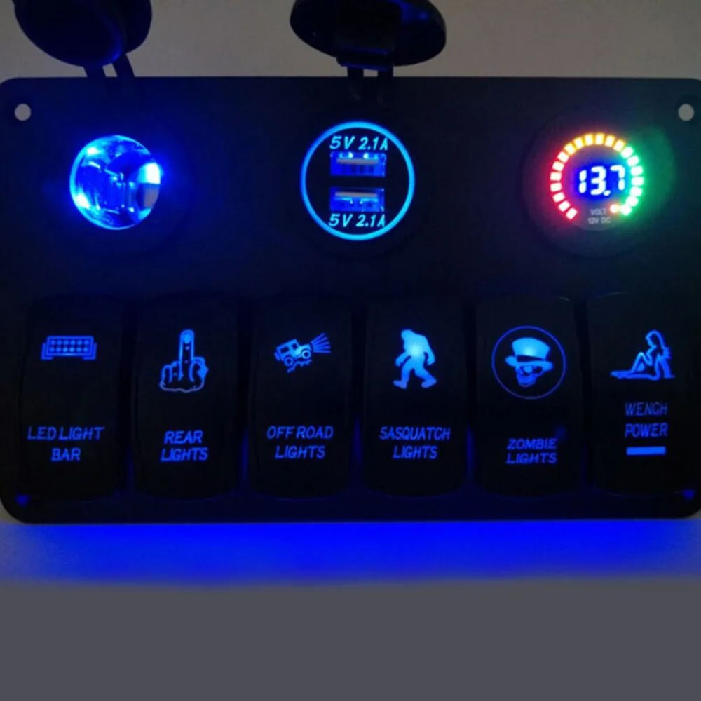 

6 Gang Rocker Switch Panel Double USB Power Charger Adapter Waterproof Flush Mount Digital Voltmeter 12V Cigarette Socket Hot