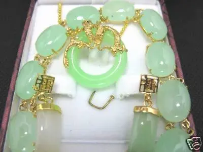 

HOT! Asian Green stone Necklace pendant earring Bracelet set Wonderful Nobility Fine Wedding Jewelry Lucky Women's 925 silver