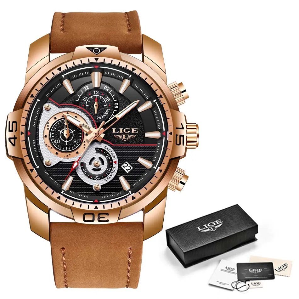 LIGE новые мужские s часы лучший бренд роскошные кожаные кварцевые часы мужские спортивные водонепроницаемые модные подарочные золотые часы мужские Relogio Masculino - Цвет: All rose  gold