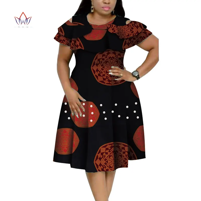 Базен Riche Африканский оборками воротник платья для женщин Дашики печати платья с жемчугом Vestidos Женская африканская одежда WY4401