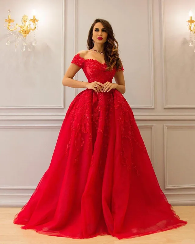 

Off Shoulder Floor Length Red Sparkly Luxurious Evening Dresses 2019 Custom Made A-Line Sexy Evening Gowns Arabic Prom Dresses
