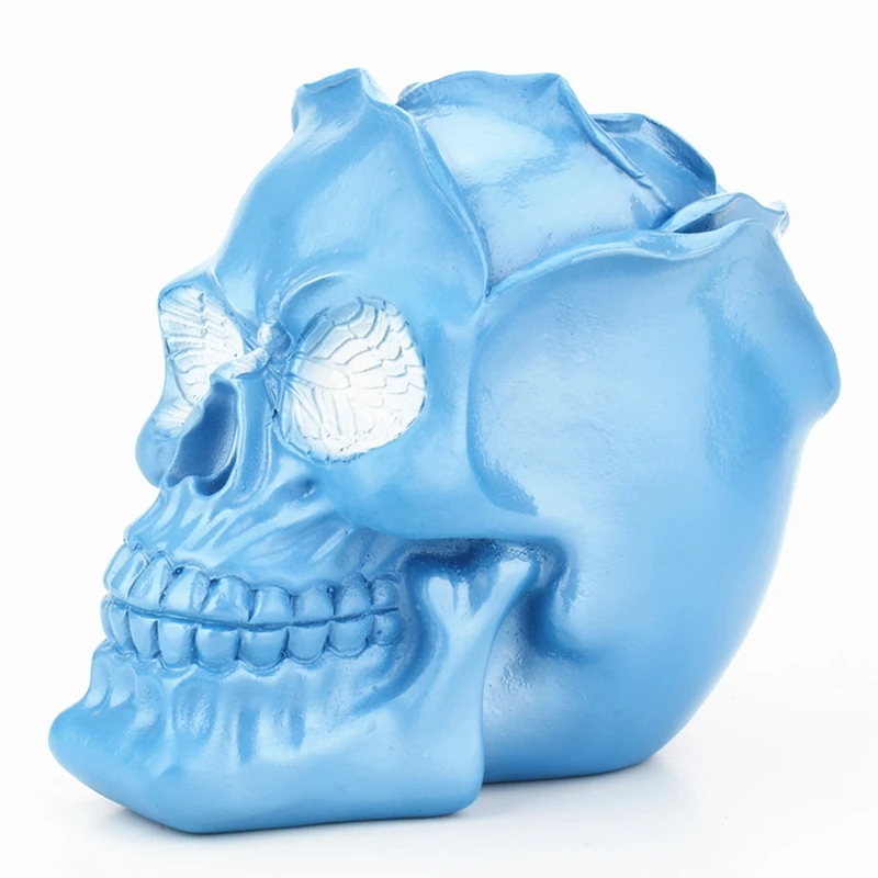 Vintage Blue Rose Flower Skull Ornament Figurine Women Dressing Desk Makeup Tools Storage Organizer Pen Case Home Decor