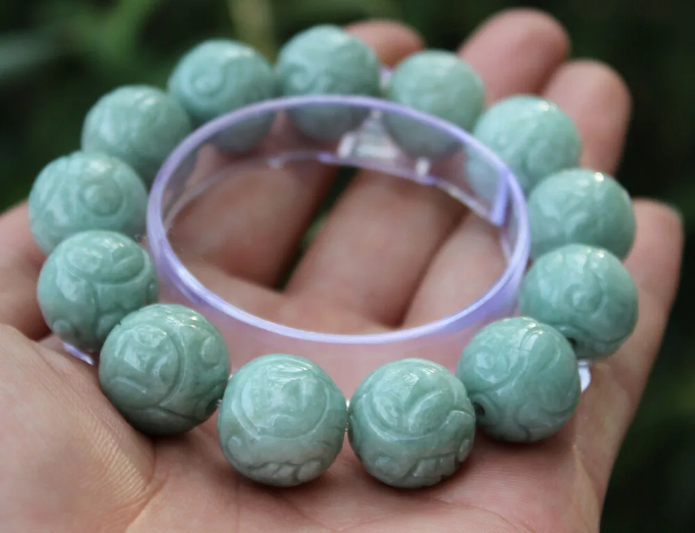 

shiipping 001182 Natural Beautiful Certified Green Hand-Carved 13 Beads Gems Bracelet Bangle