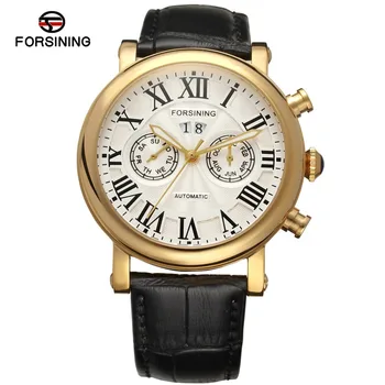 

Brand Luxury Stainless Steel Case Gold Color Bezel Automatic movt Month Day Week Function Leather Strap men watch FSG9407M3G1