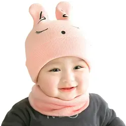 Для маленьких девочек шапочка набор шапка с шарфом для зима теплый вязаный крючком вязать мультфильм кролик Малыш Мальчик шапки для