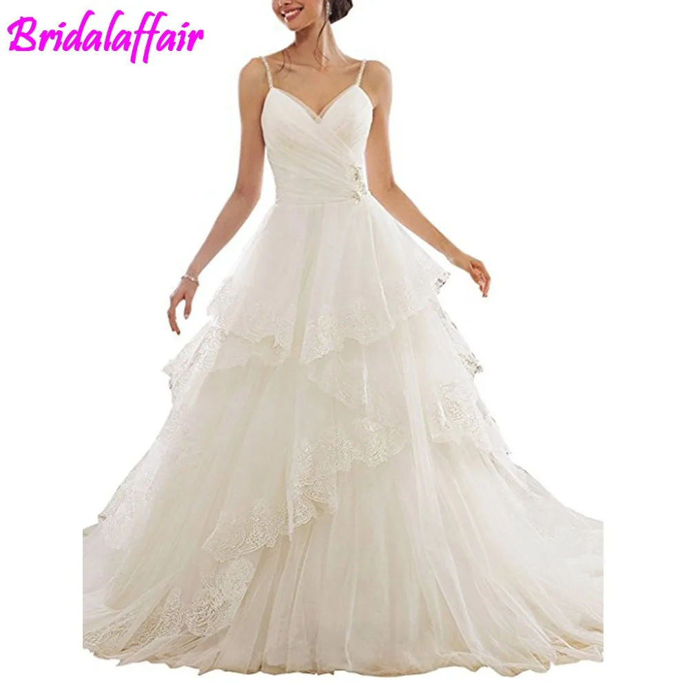 

New hvvlf detachable wedding gown Tiered Wedding Dresses Appliques Ball Gown Spaghetti Straps Bridal Gowns bride wedding dress