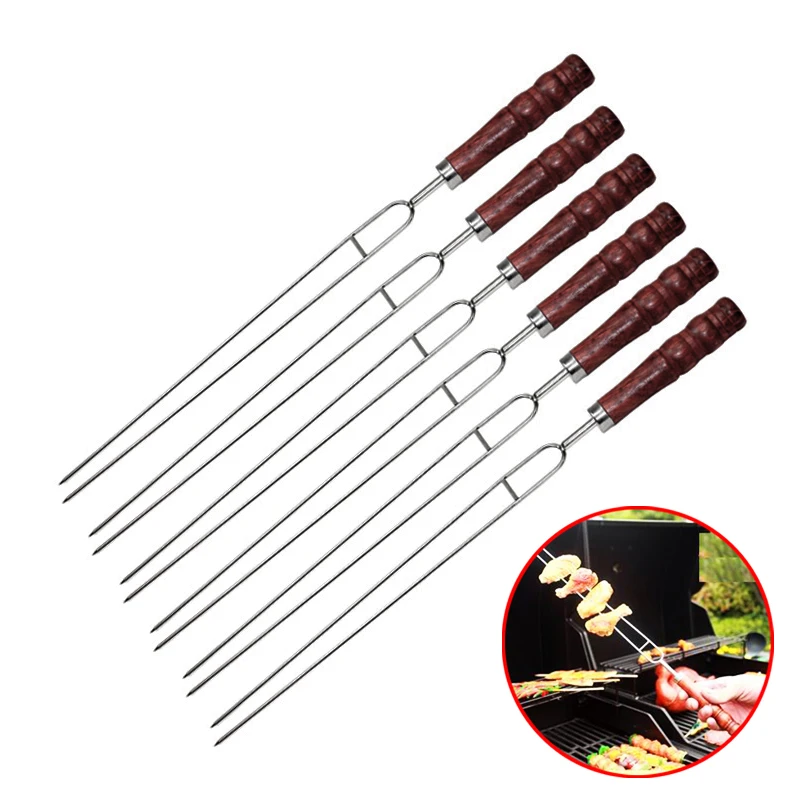 New 6pcs/set U shaped Barbecue Needle Skewers with Wooden Handle