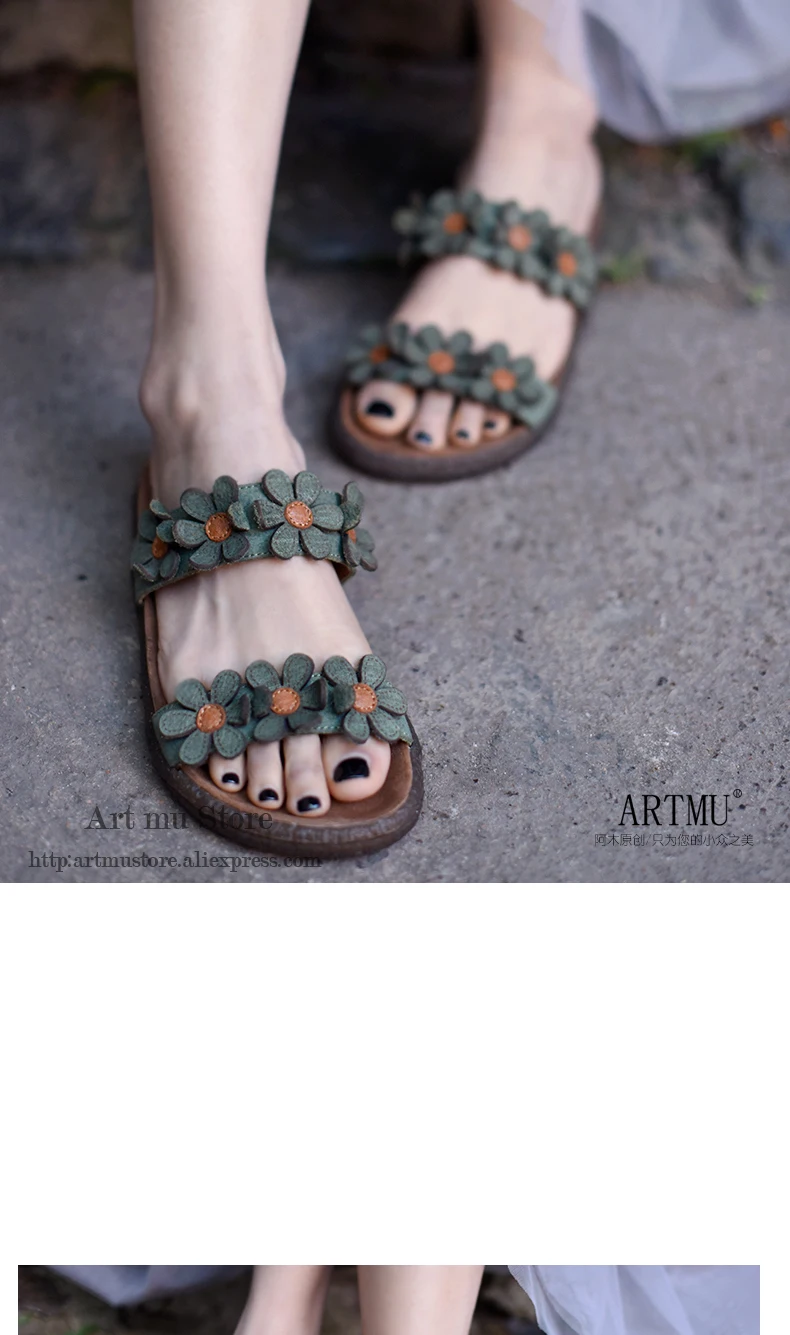 Artmu/оригинальные женские сандалии на плоской подошве; удобные женские шлепанцы из натуральной кожи с цветочным принтом; милая обувь ручной работы в стиле ретро