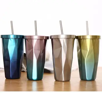 

Double Layers Stainless Steel Water Cup with Drinking Straw Gradient Heat Insulation Drink Bottle 500ML Coffee Milk Juice Mugs