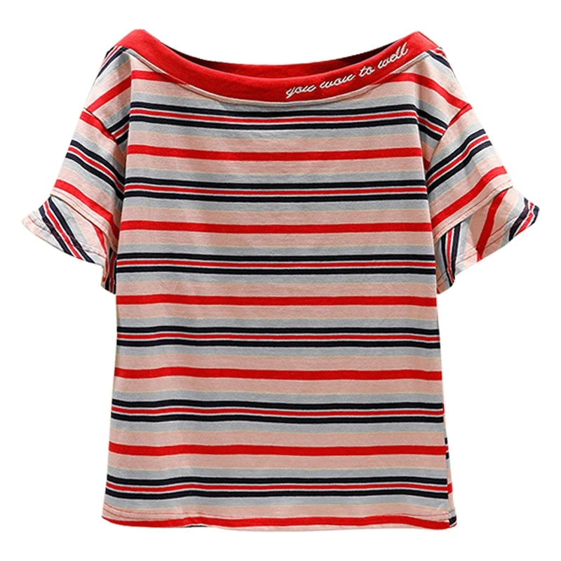 

Women Tops 2019 New Fashion Simple Casual Summer T-Shirts Striped Short Sleeve Slash Neck Loose Cotton Women's T-shirt CW460