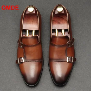 

OMDE British Style Top Quality Pointed Toe Formal Shoes Men Monk Strap Leather Shoes Handmade Mens Dress Shoes Men Wedding Shoes