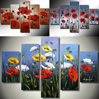 

High Quality Gifts Oil Paintings On Canvas 5 pieces Flowers Painting Red Poppies Background African American Art Large Wall 5set