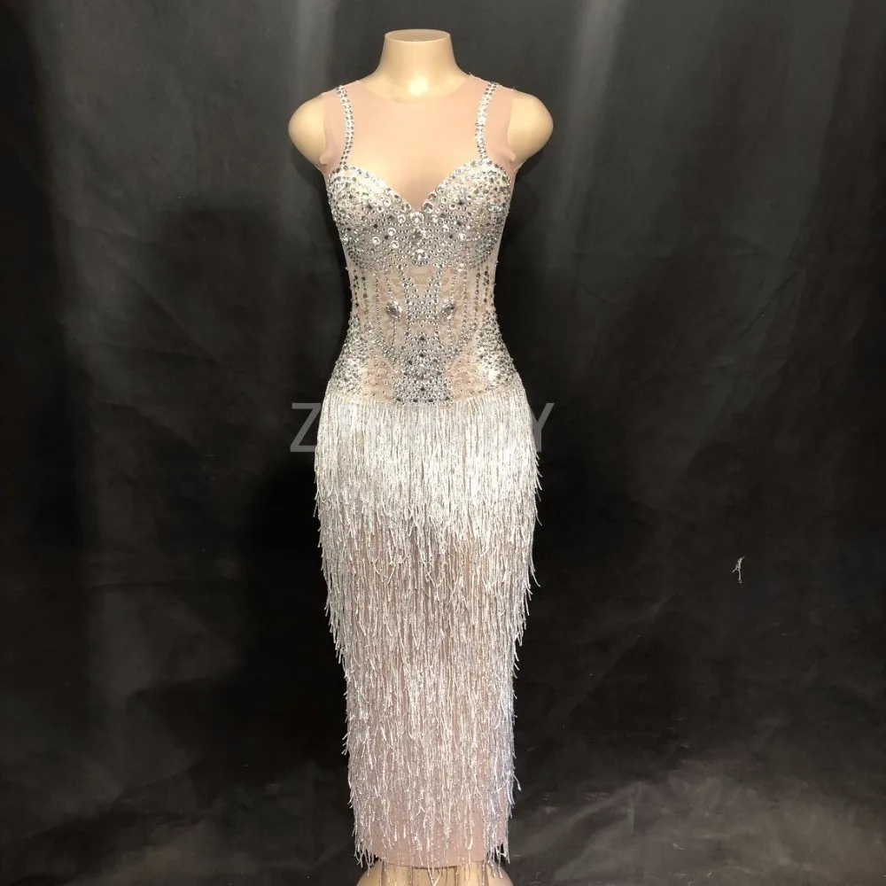 Glisten Rhinestones Tassel See Through Dress Female Singer Bar Dresses Birthday Celebrate Costume Mesh Long Dress Stones Wear