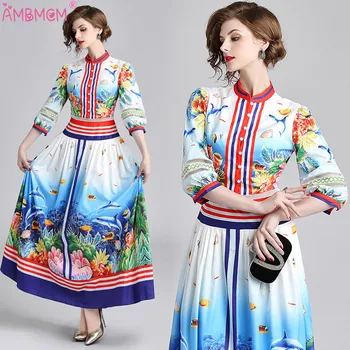 

AMBMCM Fashion Women Dress Women's Long Sleeve Retro Marine Biological Prints Floral Animal Print Long Vintage Dress