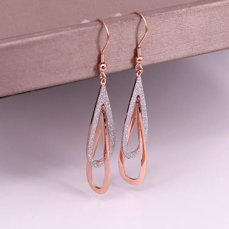 

Fashion Stainless Steel Love Water Drop Earrings Long Hook Chain Geometirc Rose Gold Color Women Party Wedding Gift
