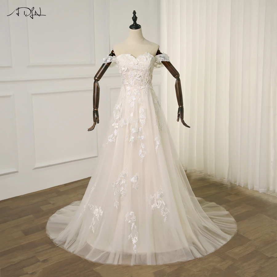 ADLN Kant Trouwjurken Champagne Off Shoulder Applicaties EEN Lijn Bruid Jurk Custom Prinses Trouwjurk robe de mariee ADLN Kant Trouwjurken Champagne Off Shoulder Applicaties EEN Lijn Bruid Jurk Custom Prinses Trouwjurk robe de mariee