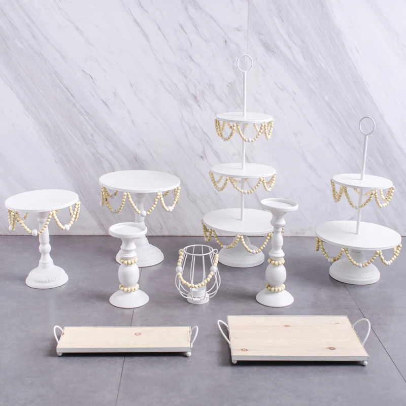 

White Metal Iron Cake Stands Wooden Plates Tray for Wedding Home Party Supplies Table Decor Cupcake Food Dessert Baking Tools