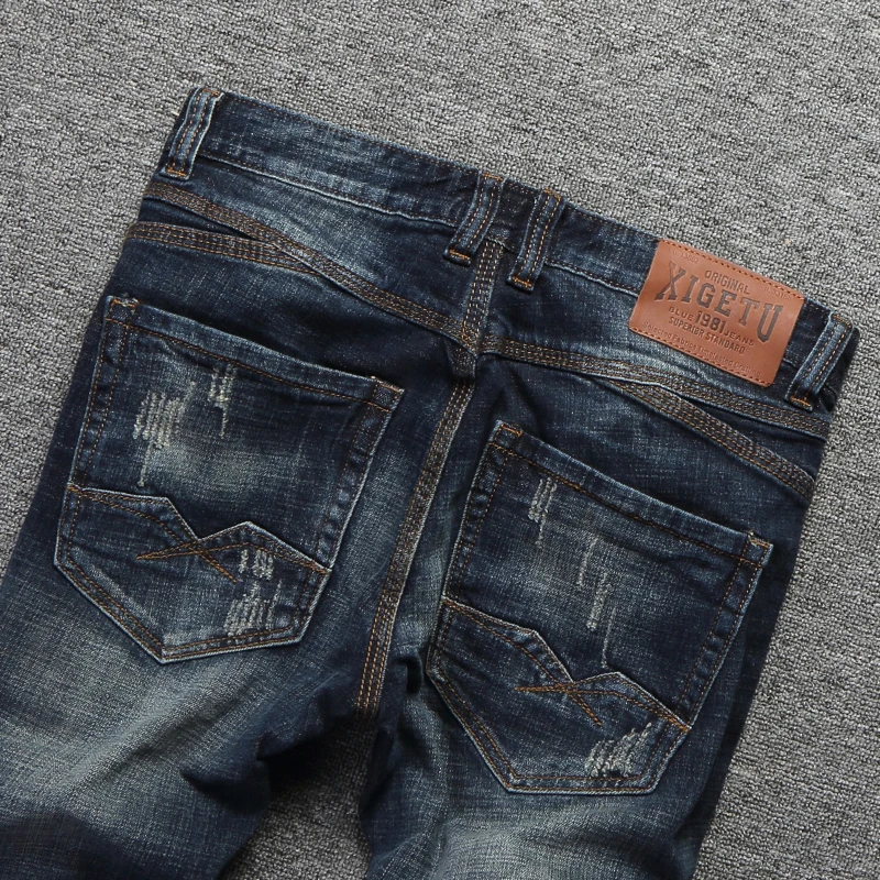 Vintage Designer Men s Jeans Punk Style Denim Pants Dark Blue Color Slim Fit Classical Ripped 3