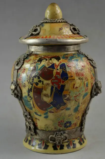 Elaborate Chinese Porcelain Drawing Dowager Copper Dragon Phoenix & Lion Storage Pot / Jar