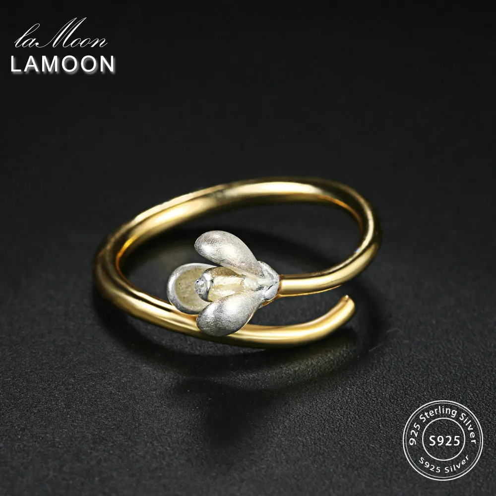 

LAMOON 2 Colors Silver & Gold Magnolia Flower S925 Open Design Rings 925-Sterling-Silver Fine Jewelry for Women LMRY019