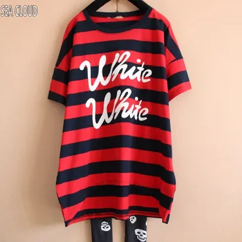 

82 Free shipping summer plus size clothing loose short-sleeve t-shirt stripe Korean cotton big long design shirts 130 cm