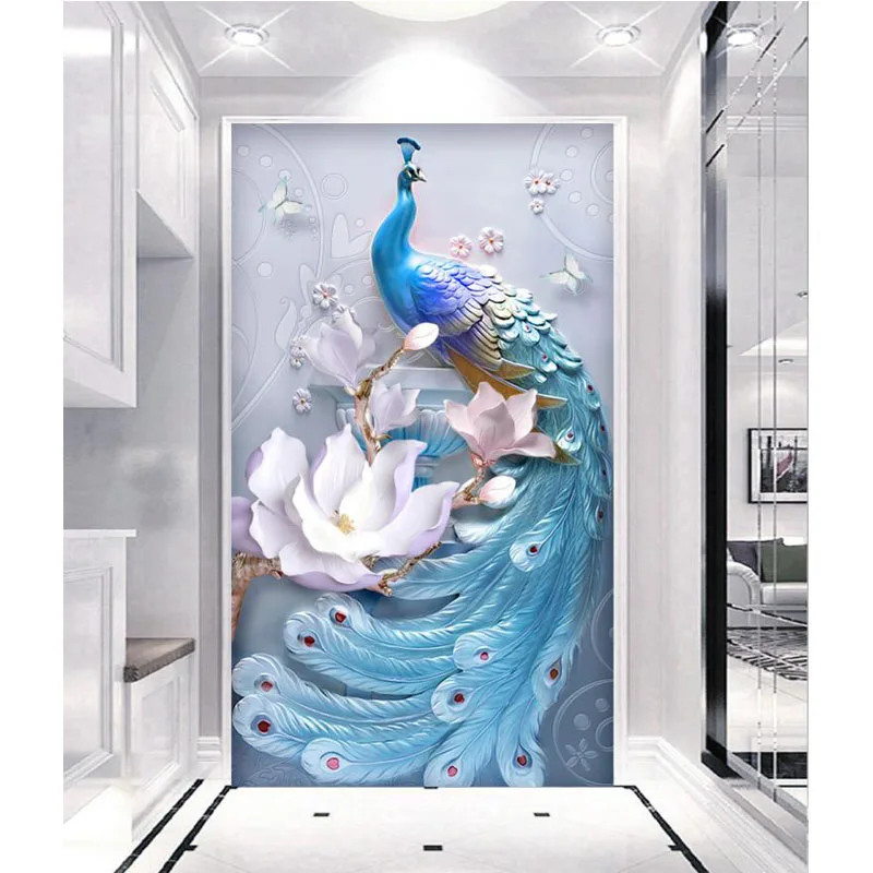 

New Square Drill Full diy Diamond Embroidery Cross Stitch Relief 3D Magnolia Blue Peacock Entrance Vertical Diamond Painting