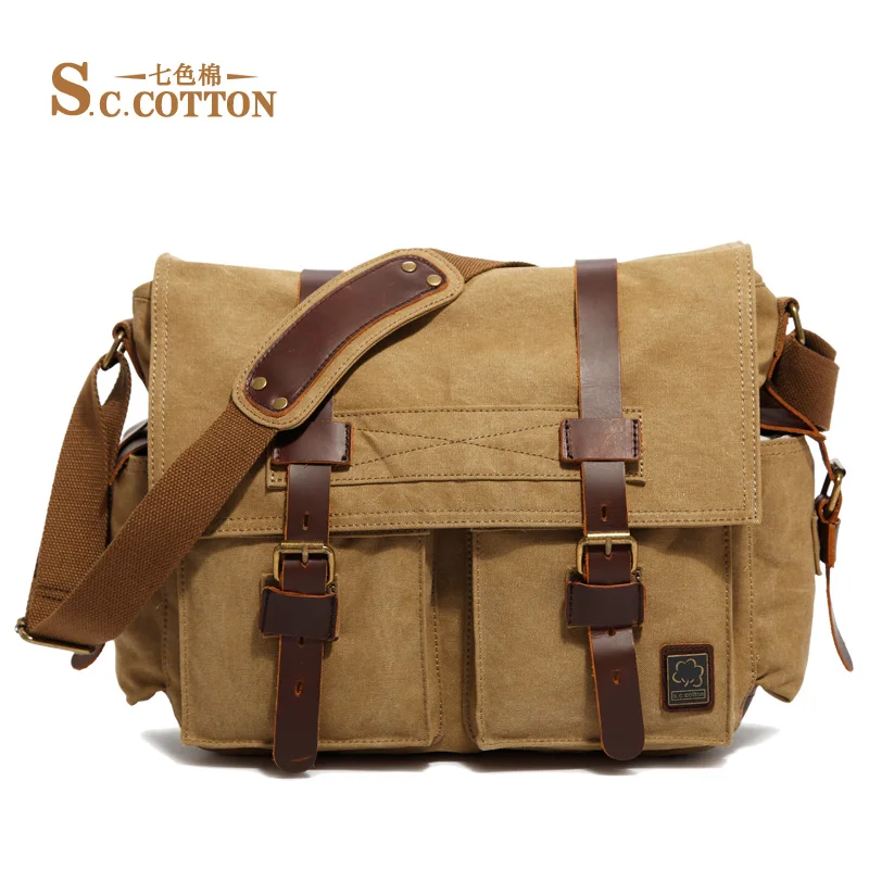 S.C.COTTON Men's Casual Canvas Messenger Shoulder Leather Business