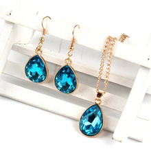 

1 set Rose Gold Water drop Pendant Necklace & earrings Fashion Jewelry Lake blue