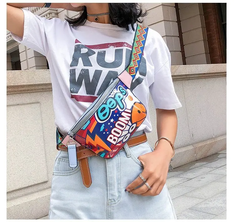 Belt bag female 2018 summer women's handbags bags wide shoulder strap Messenger waist bag graffiti printing small fanny pack