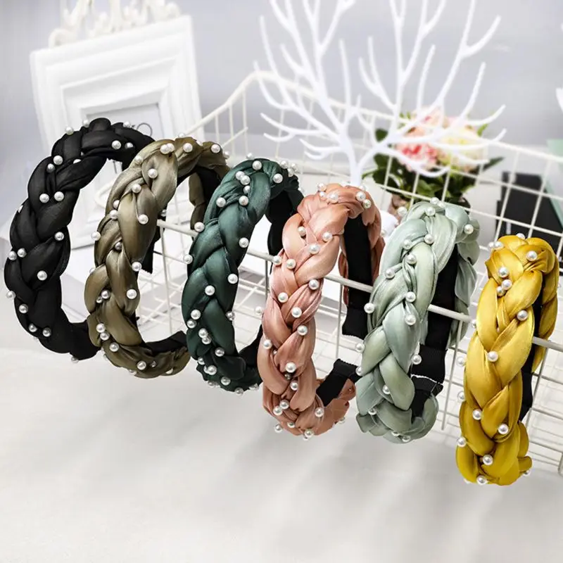 

Braided Hairband Head Band Loop Headwear Beaded Solid Color Women Girls