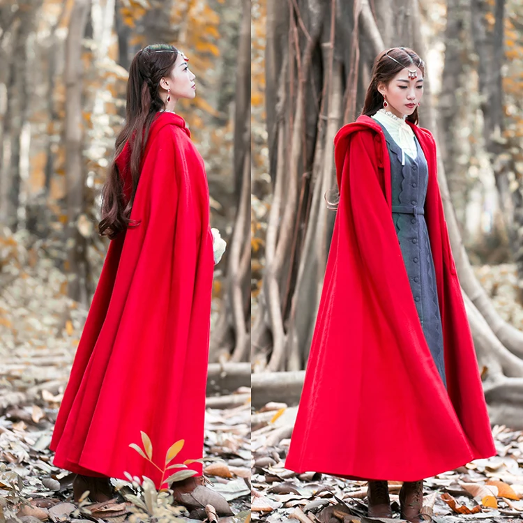 

Womens Hooded Red Cape Coat Caremere Blend Overcoat Cloak Outwear Full Length Cosplay Thicken 11Colors A425