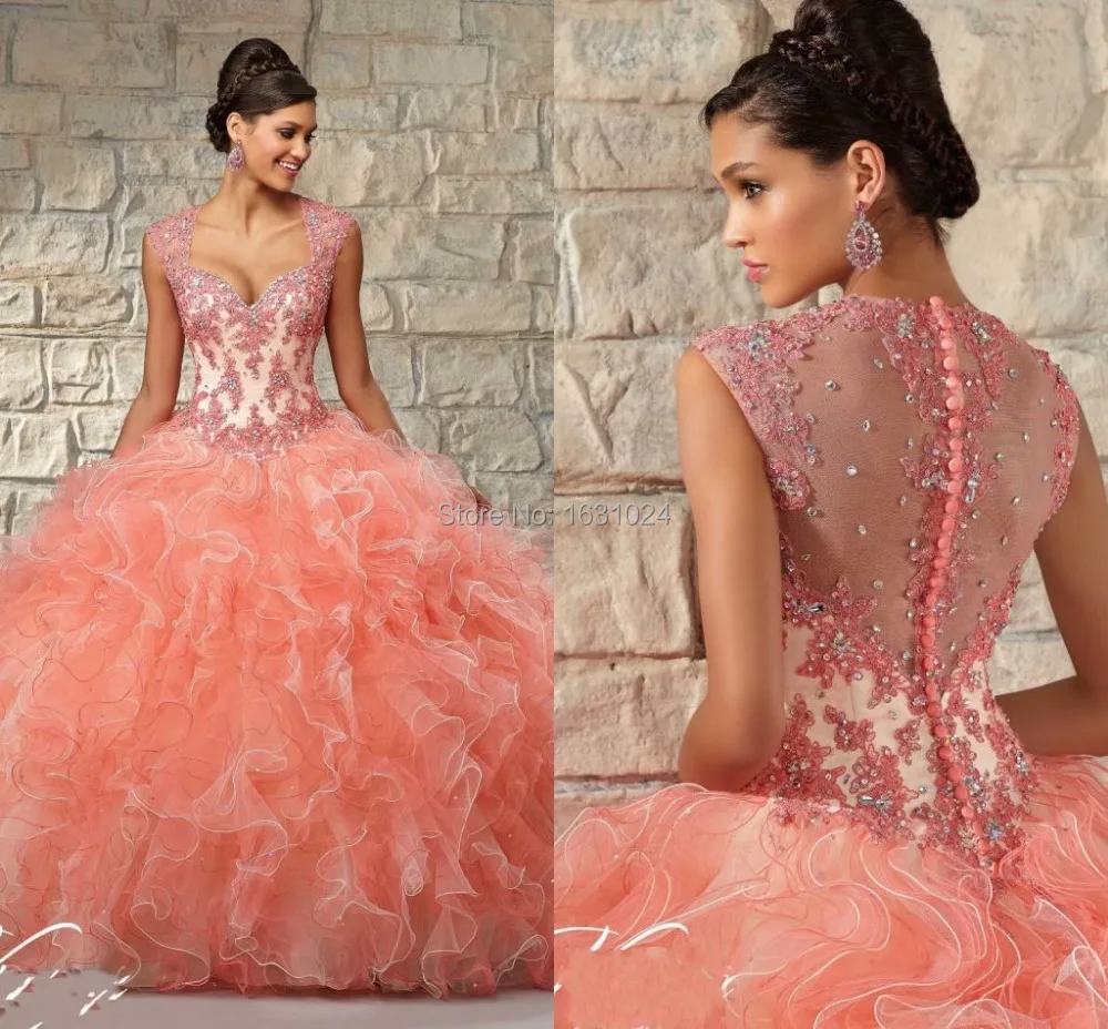 hand made ruffle beaded crystal 2017 coral quinceanera font b dresses b font cap sleeve ball