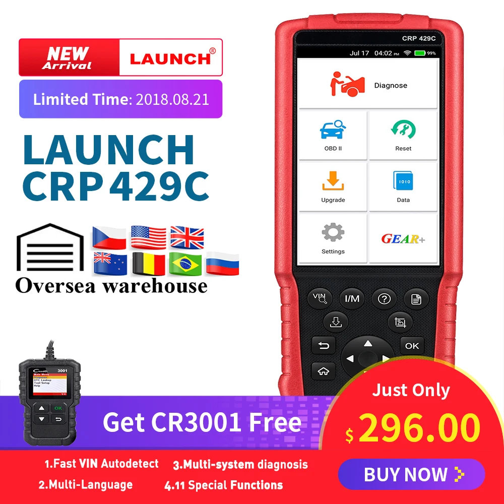 

LAUNCH X431 CRP429C OBD OBD2 Code Reader Scanner for 4 system diagnostic +11reset CRP429 Scan tool Creader 3001 as gift CRP129