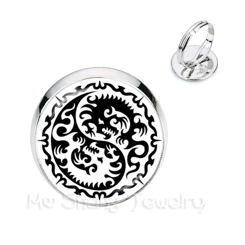 

Two Dragon Yin Yang Glass Dome Rings Symbol Jewelry Natural Rustic Fashion Symbolizing Harmony Bring Good Luck Jewelry