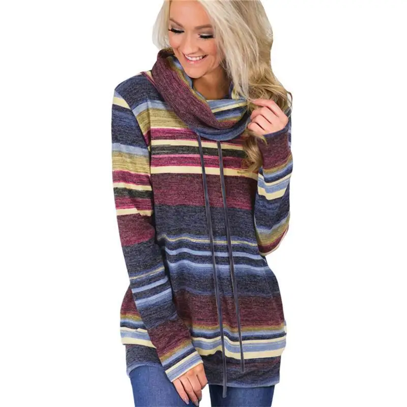 

Scarf Collor Long Sleeve Hoodies Women Striped Patchwork Pullovers Harajuku Sweatshirts With Pockets Autumn Slim Fit Tracksuits