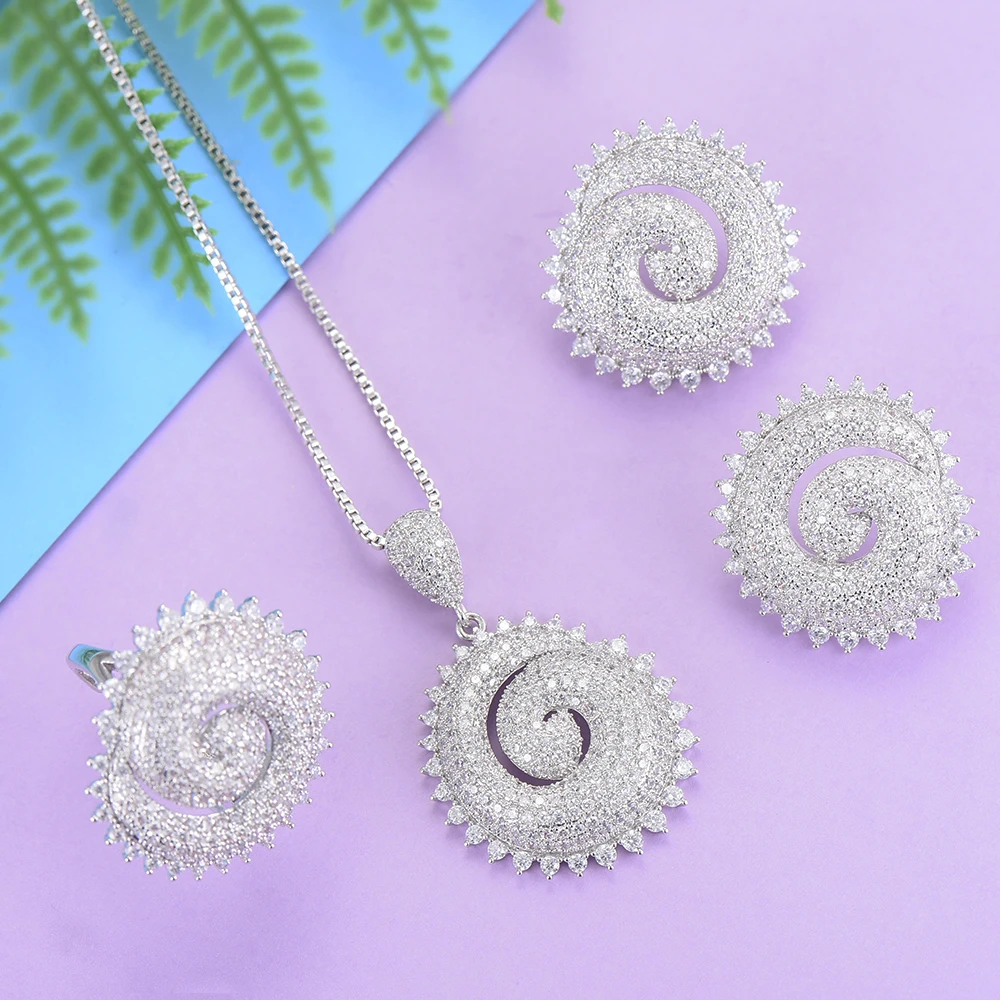 

missvikki Trendy Round Pendant Chain Necklace Earrings Ring Crystal Jewelry Set Brides Wedding Romantic Women Birthday Gift