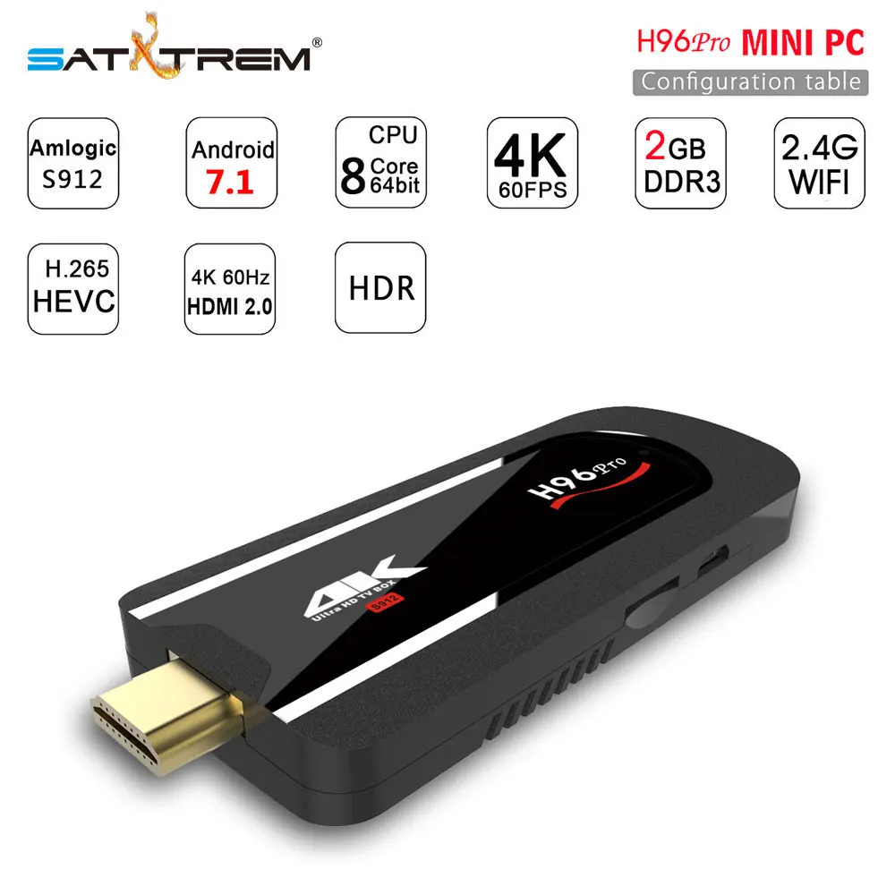 

Satxtrem H96 Pro Mini PC Android 7.1 Smart TV dongle Amlogic S912 Octa Core 2G 8G/16GB H.265 WIFI 4K Media Player TV Stick