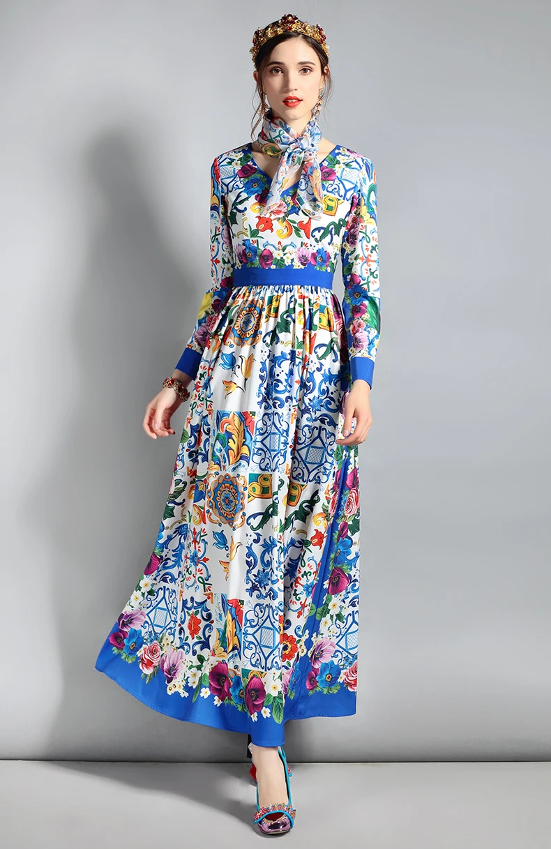 LD LINDA делла Новое модное дизайнерское Макси Платье женское с длинным рукавом v-образным вырезом цветочный принт повседневное длинное платье с шарфом