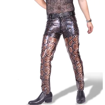 

Sexy Male Fashion Boa Constrictor Stripe PU Chaparejos Faux Leather Thin Men's Straight Pants Fad Solid Cutting Man Casual Pants