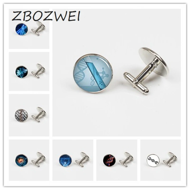 

ZBOZWEI New DNA Cufflinks Molecular Formula Cuff Link Double Dna Cufflink Glass Photo Cuffs Round Jewelry Men Shirt Acessory