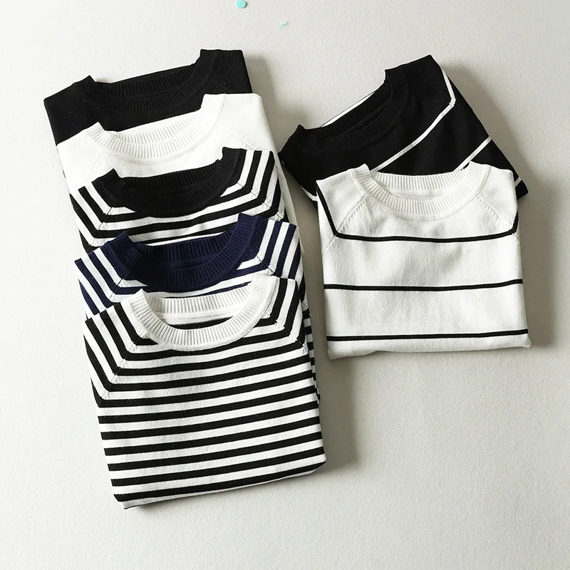 

Short-sleeved female 2018 new summer pullovers Korean wild self-cultivation base black and white striped ice silk sweater QQ006