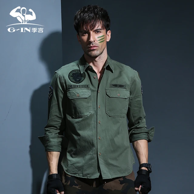 2018 Men's epaulette Shirt Fashion Full Sleeve epaulet Shirt Military