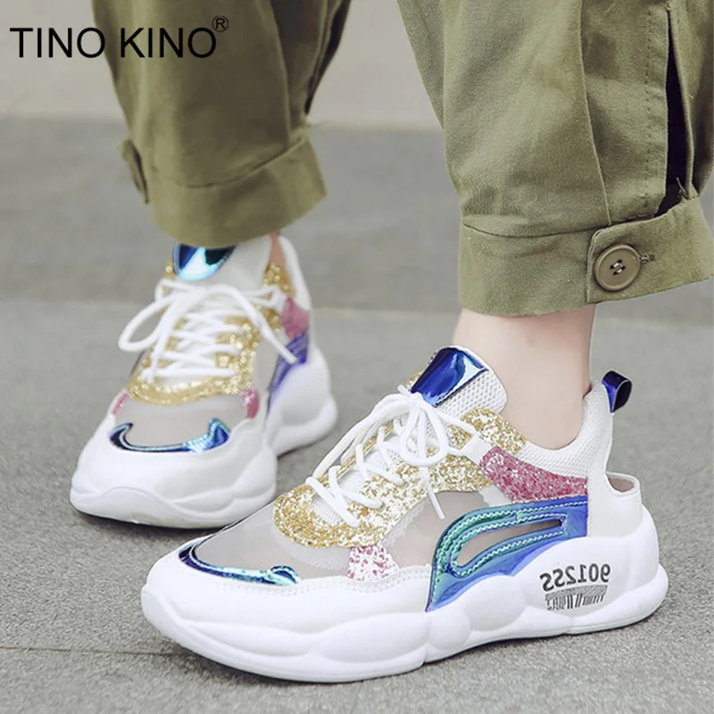 

TINO KINO Women Lace Up Mesh Autumn Sneakers Mixed Colors Platform Vulcanized Slingback Shoes Breathable Female Casual Footwear