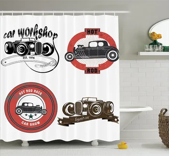 

Cars Bathroom Shower Curtain Retro Pop Art Style Automotive Emblem Print with Grunge Distressed Old Featured Color Properties